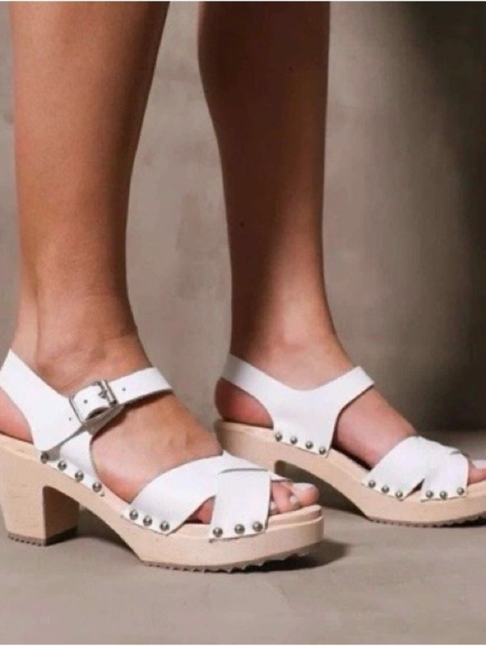 MIA White Leather Studded Block Heel clogs